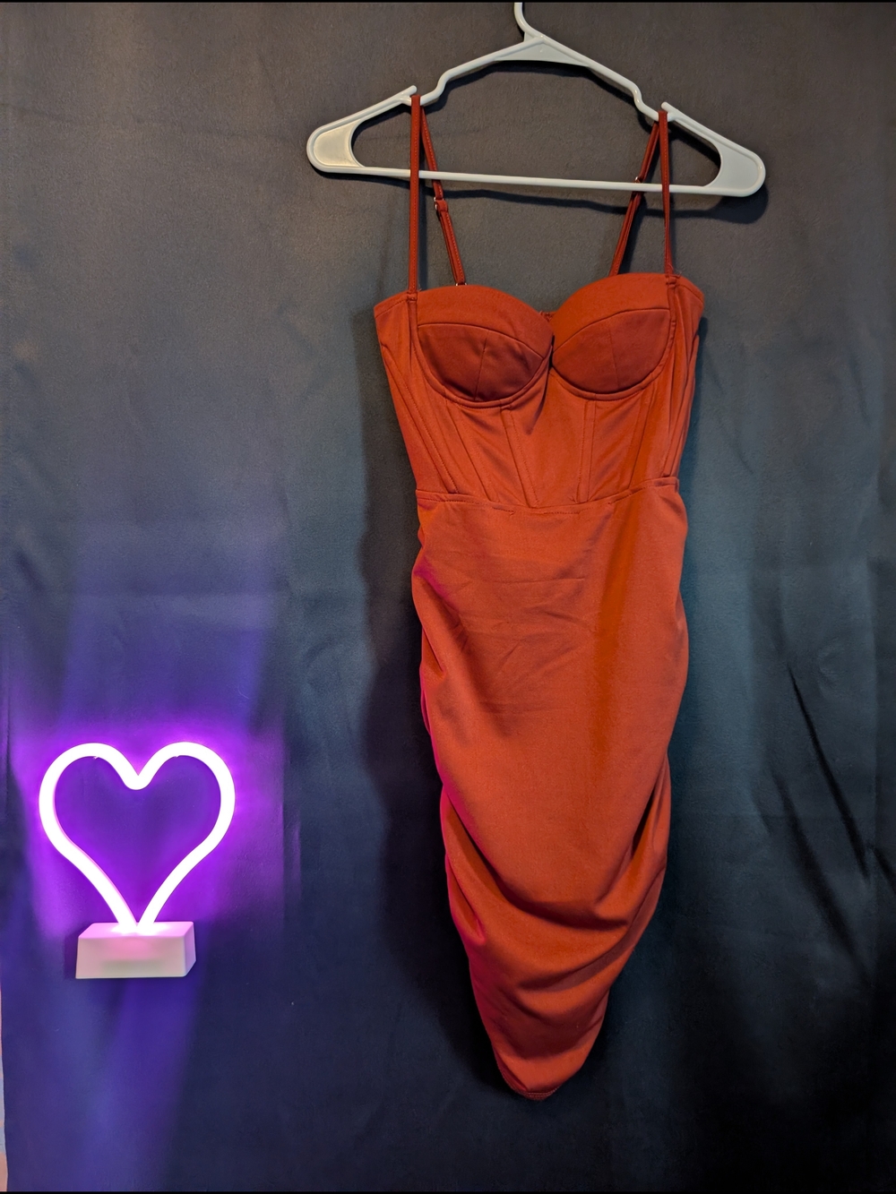 SHEIN Rust Red Bustier Mini Dress with Spaghetti Straps Corset Style Zipper Back